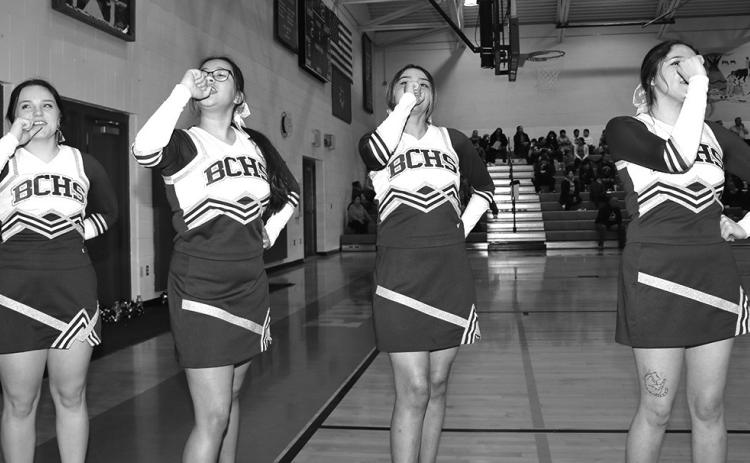 Photo by Taylor Risse The Bennett County cheerleaders did a great job getting the crowd pumped up at the Region game between Pine Ridge and Bennett County last week.