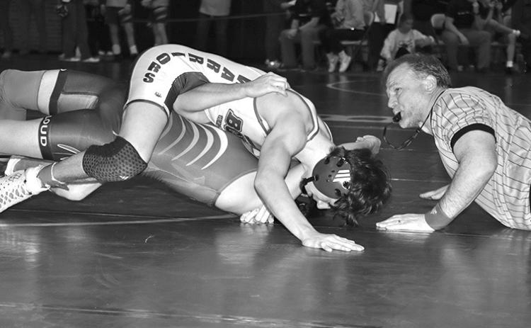 Photo by Mandy Scherer Lyle Noel pins Jorge Trevino, Red Cloud, in the first round of regions last Saturday.